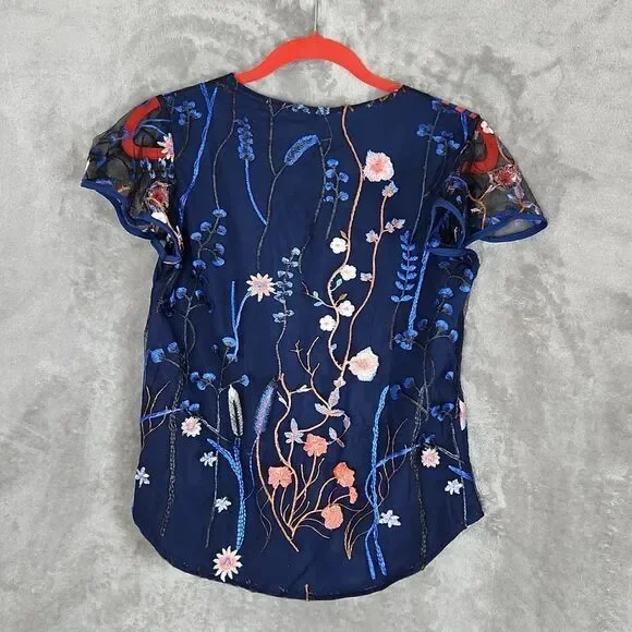 Floral Embroidered Mesh Blouse Women’s Small Blue Sheer Sleeve Top Boho Romantic - Picture 4 of 9